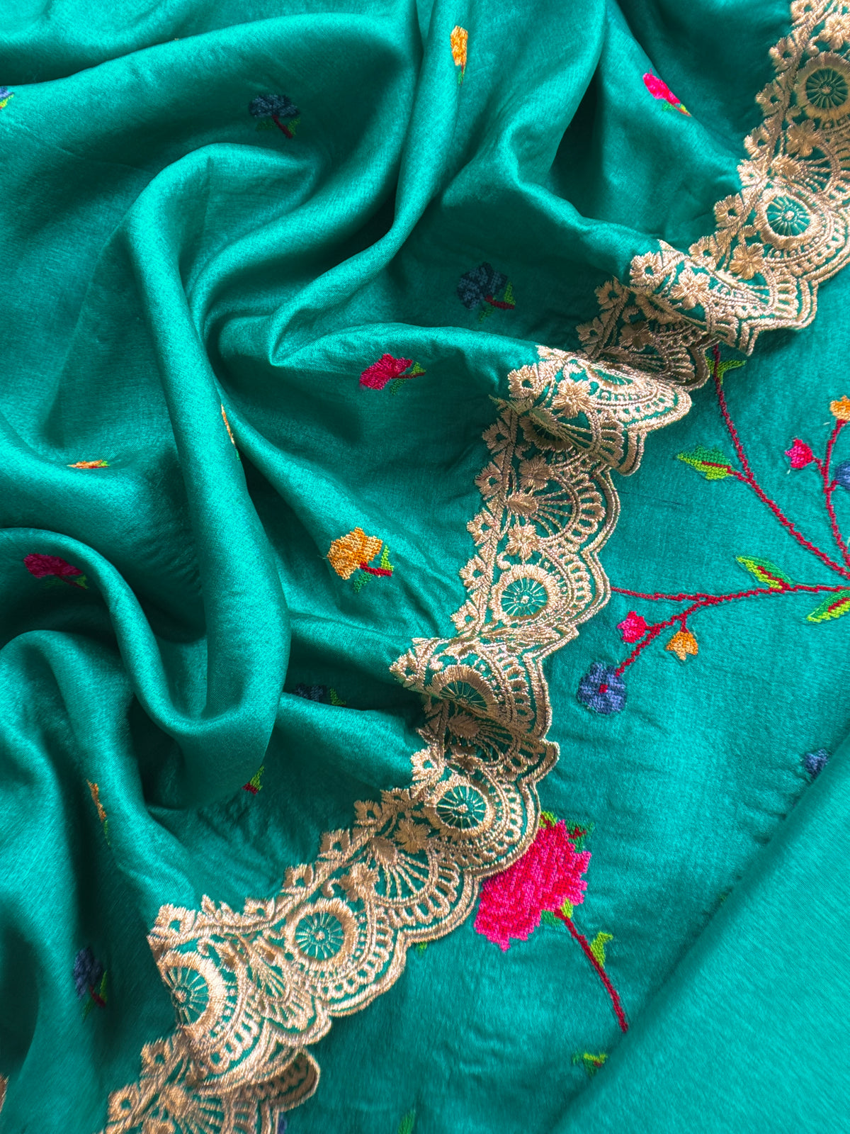 Teal Green Pure Tussar Silk Suit With Cross Stitch Embroidery