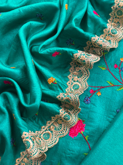 Teal Green Pure Tussar Silk Suit With Cross Stitch Embroidery
