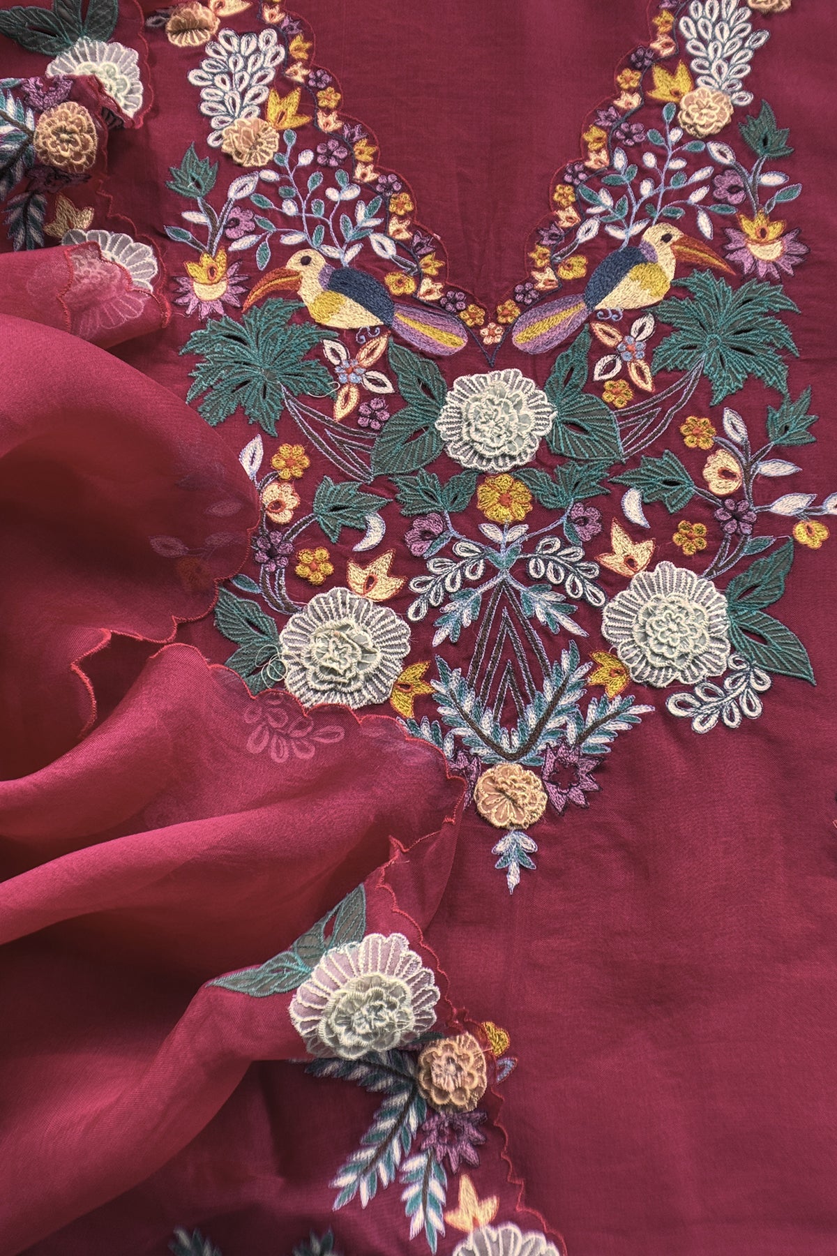 Garden Of Dreams Luxe Maroon Handloom Kora Silk Suit Fabric With Appliqué Work And French Thread Embroidery