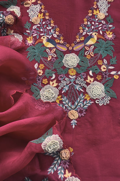 Garden Of Dreams Luxe Maroon Handloom Kora Silk Suit Fabric With Appliqué Work And French Thread Embroidery