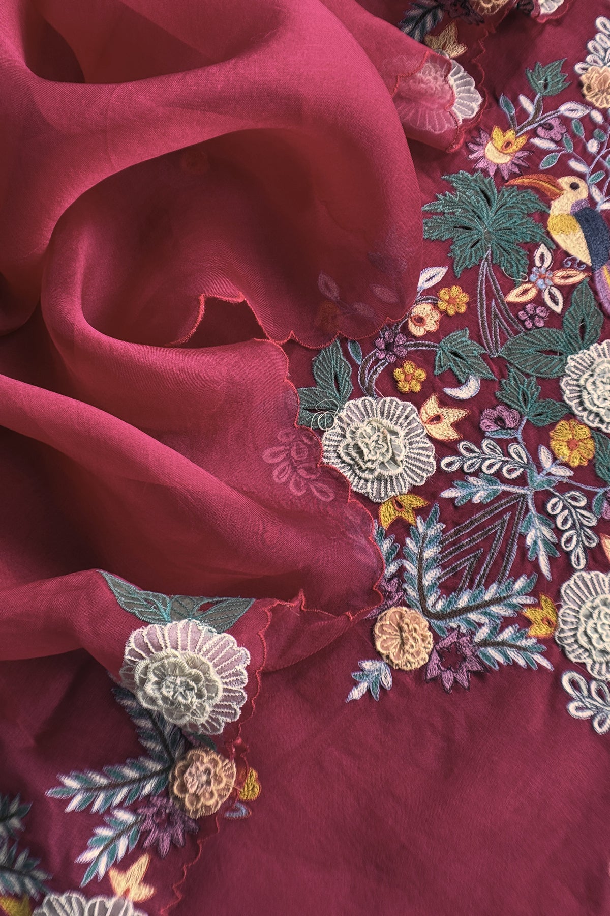 Garden Of Dreams Luxe Maroon Handloom Kora Silk Suit Fabric With Appliqué Work And French Thread Embroidery