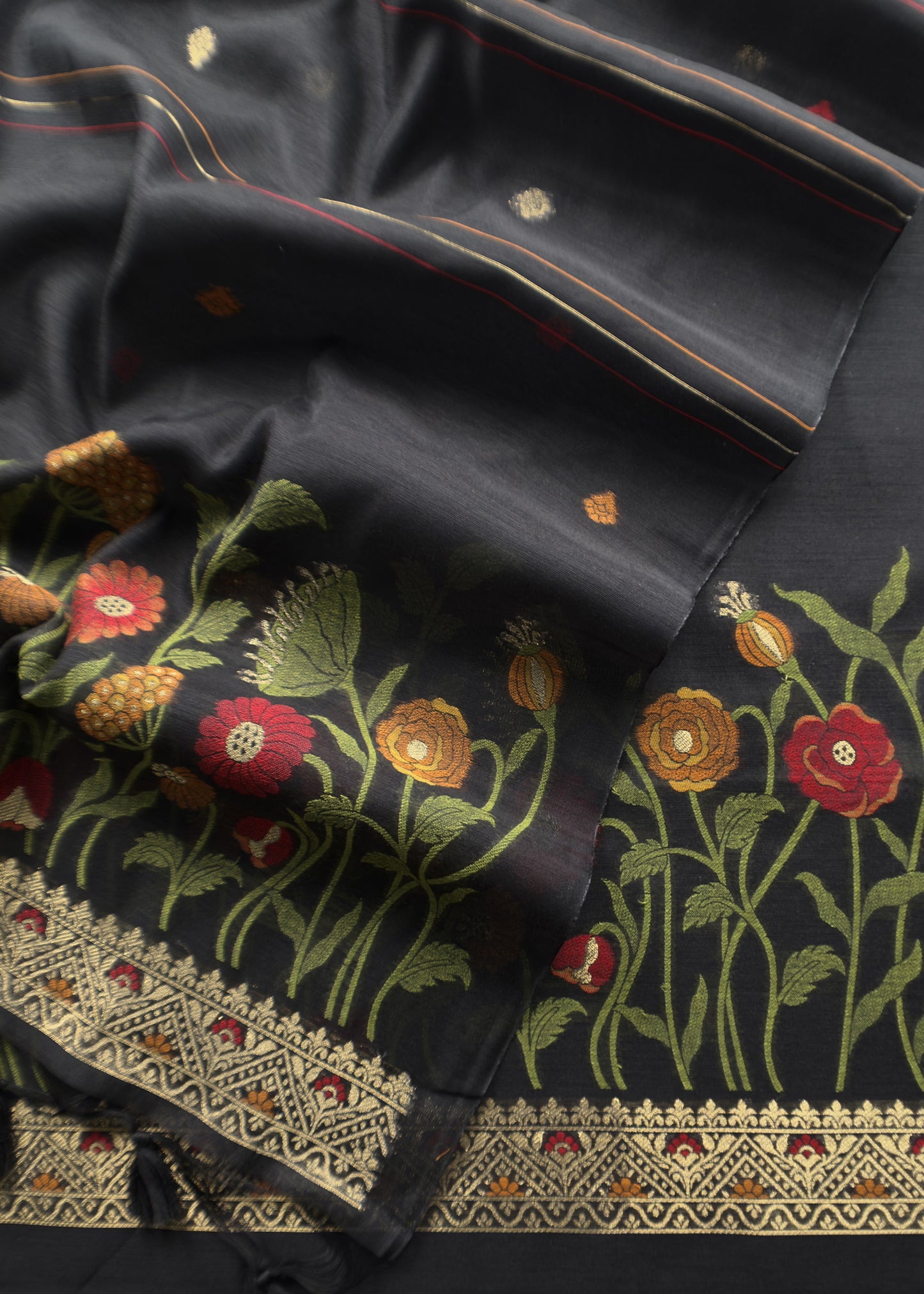 Black Floral Jamdani Weave Unstitched Chanderi Suit