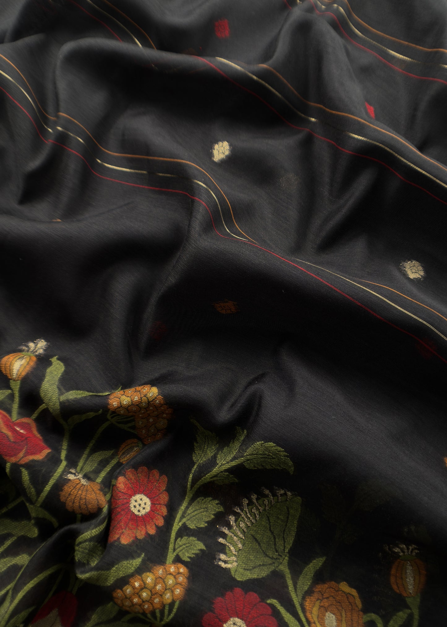 Black Floral Jamdani Weave Unstitched Chanderi Suit