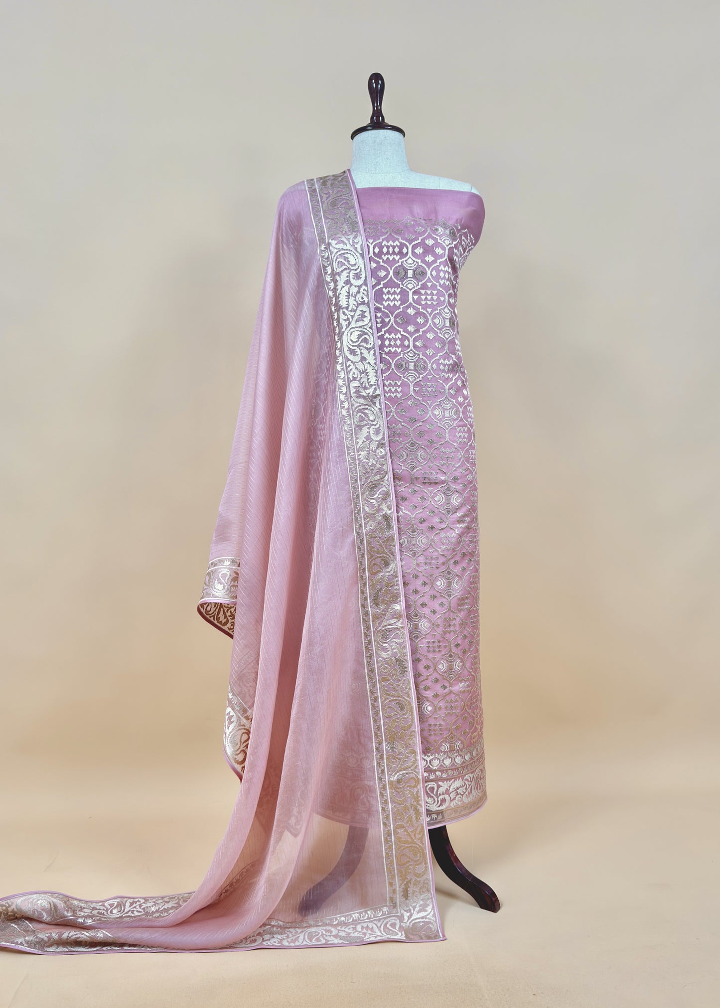 Luxe Ajanta Ellora Inspired Dusty Pink Handloom Organza Silk Suit And Panel Gold Silver Zari Dupatta