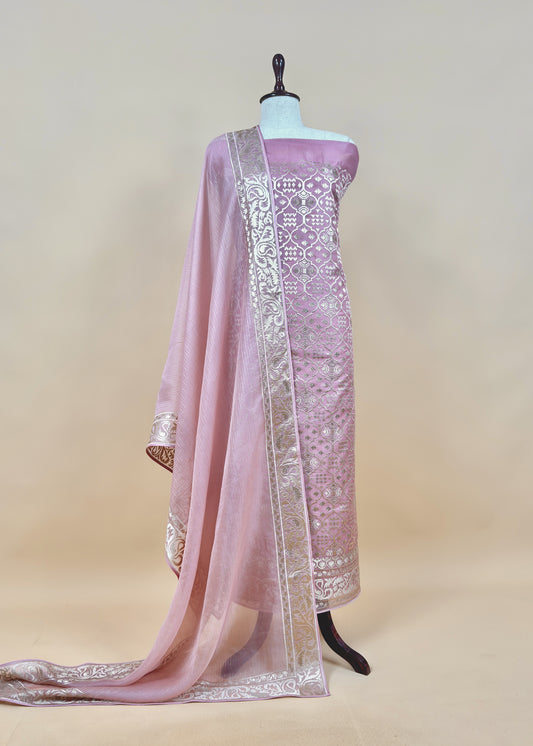 Luxe Ajanta Ellora Inspired Dusty Pink Handloom Organza Silk Suit And Panel Gold Silver Zari Dupatta