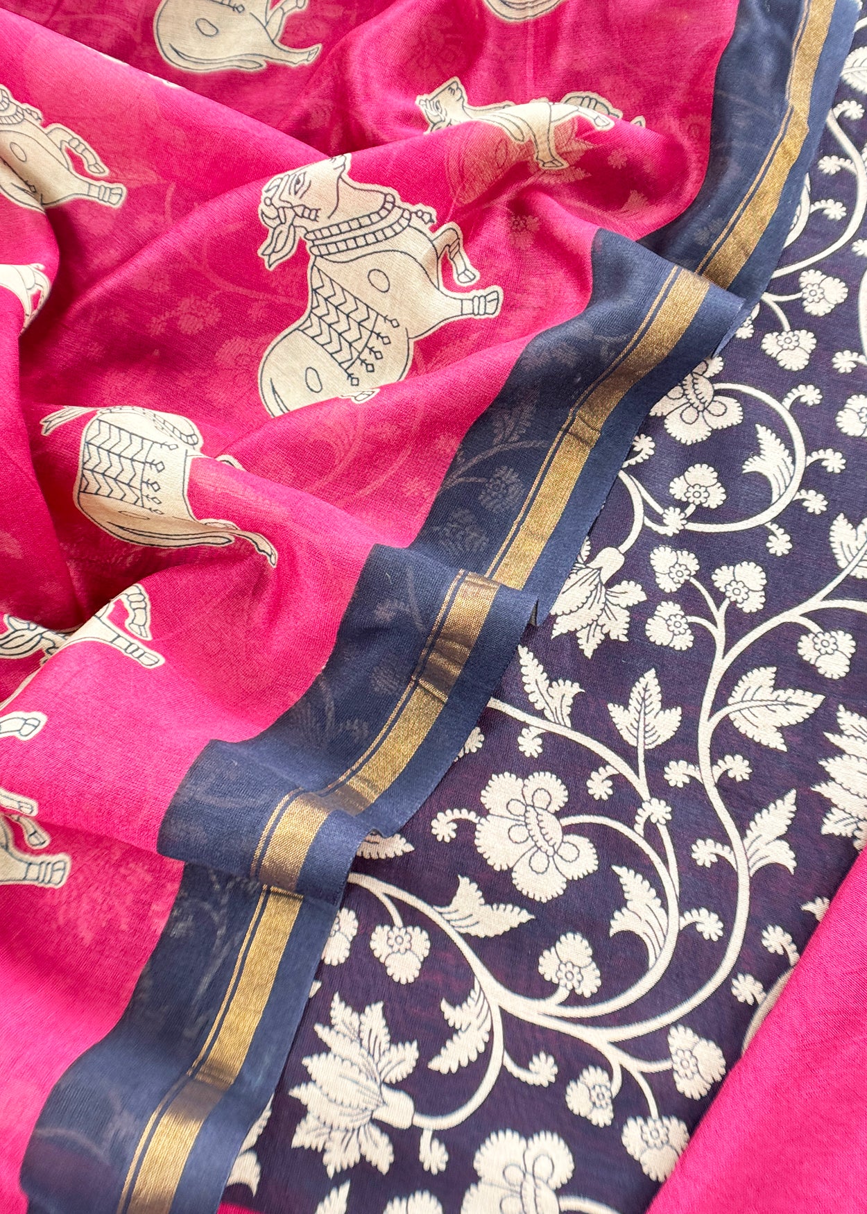 Navy Blue With Pink Maheshwari Silk Suit With Pichwai Dupatta