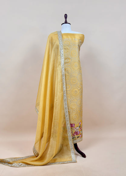 Marigold Yellow Handloom Kora Silk Suit With Gold Silver Zari And Pichwai Embroidery