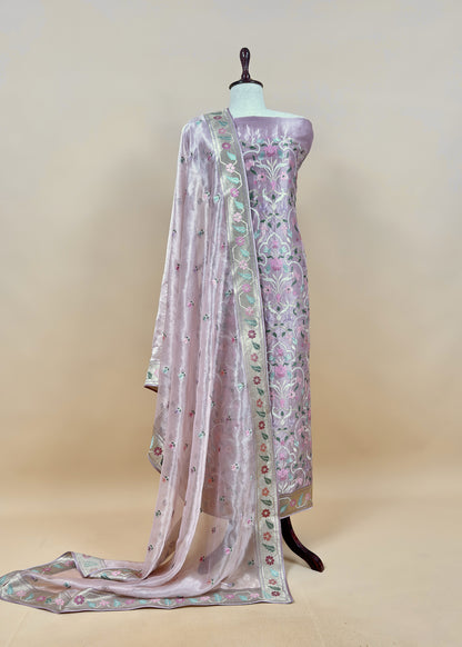Powder Pink Handloom Tissue Silk Suit With Gold Silver Zari And Rajasthani khidki Embroidery