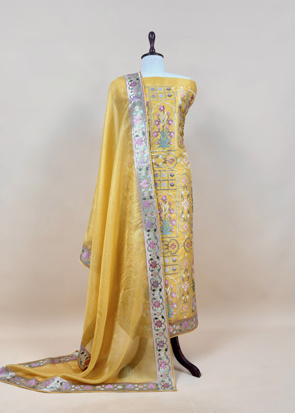 Marigold Yellow Handloom Kora Silk Suit With Gold Silver Zari And Rajasthani Khidki Embroidery