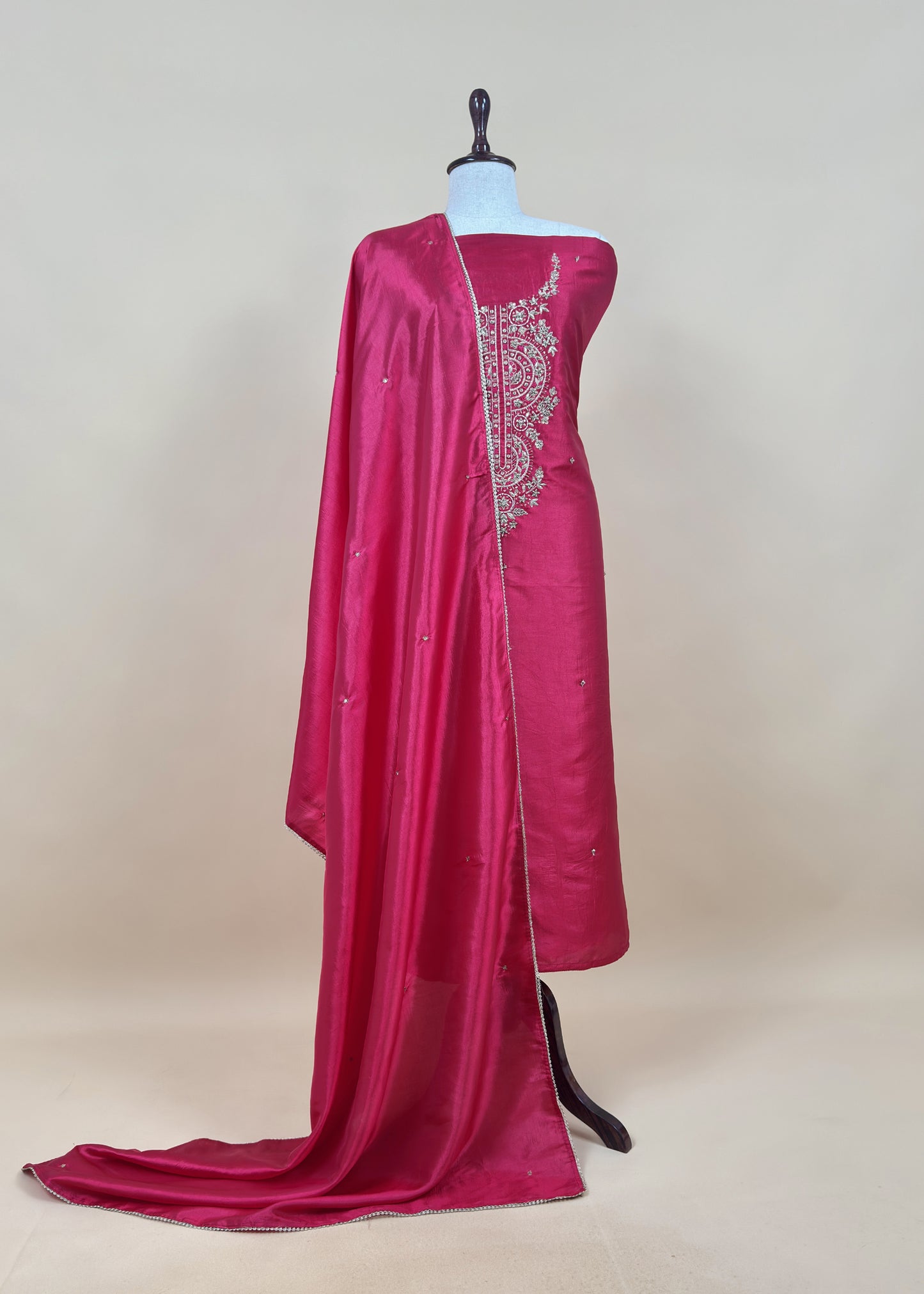 Yellow Satin Silk Suit Fabric With Dori And Zardosi Embroidery