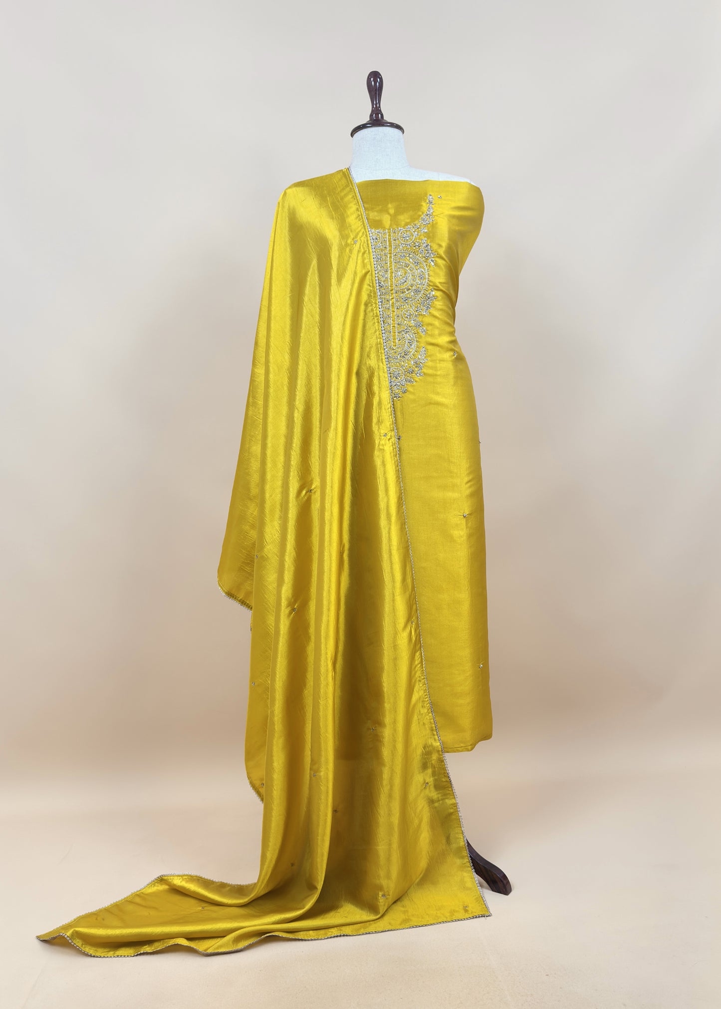 Yellow Satin Silk Suit Fabric With Dori And Zardosi Embroidery