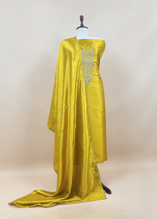 Yellow Satin Silk Suit Fabric With Dori And Zardosi Embroidery
