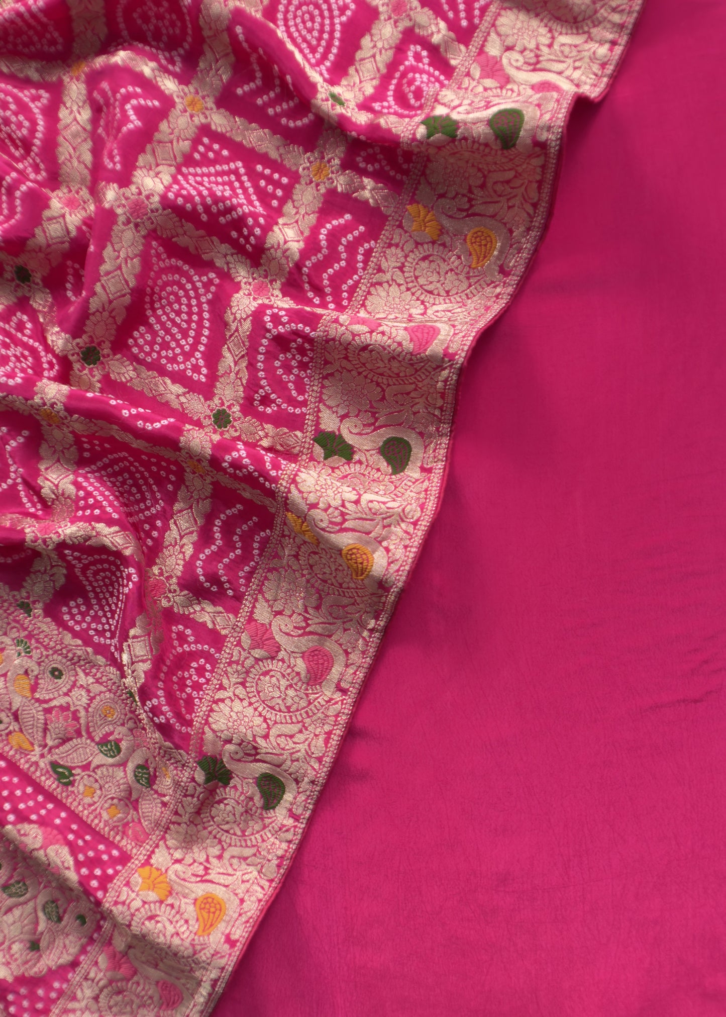 Pink Crepe Unstitched Suit With Banarasi Bandhej Dupatta