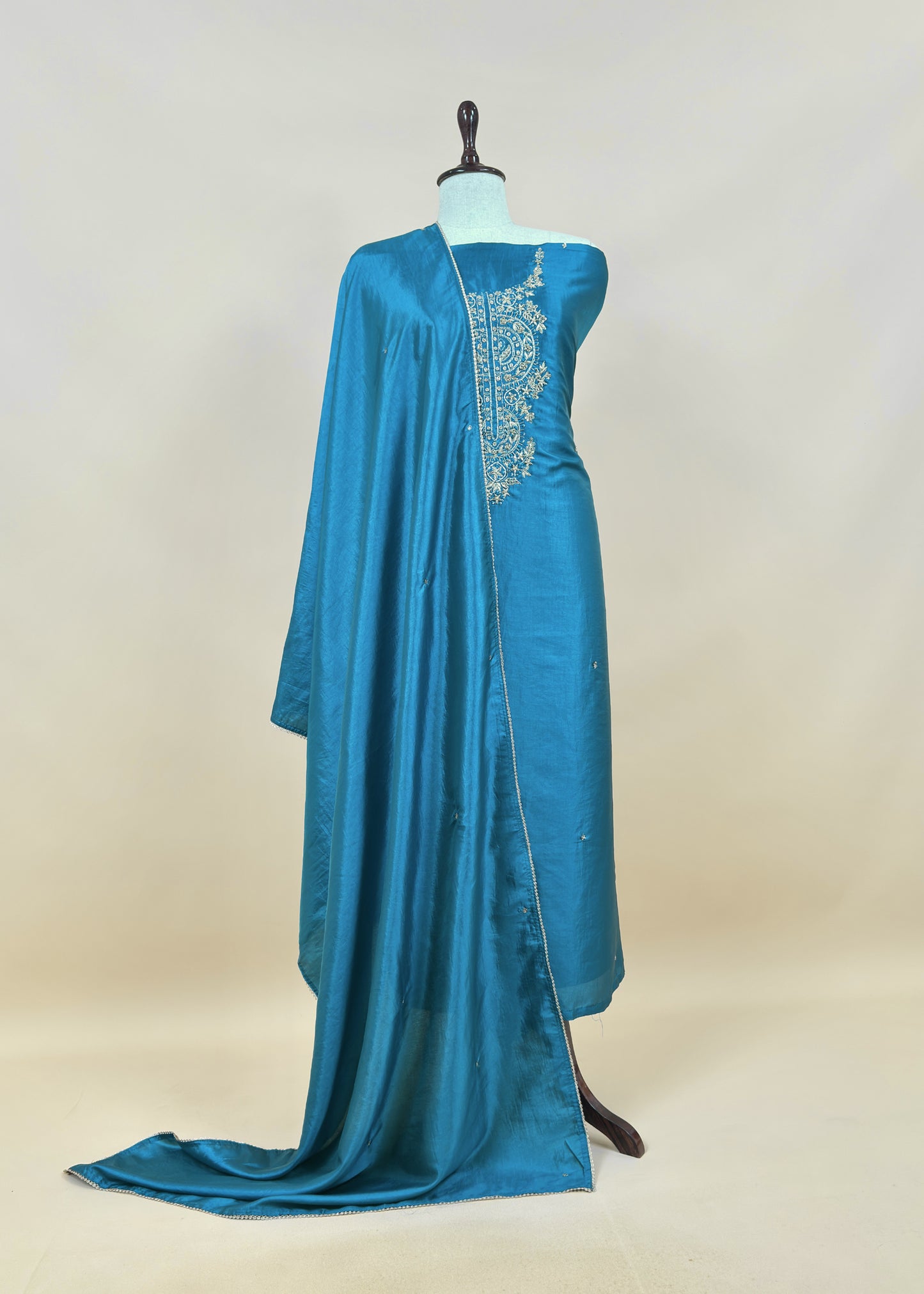 Yellow Satin Silk Suit Fabric With Dori And Zardosi Embroidery