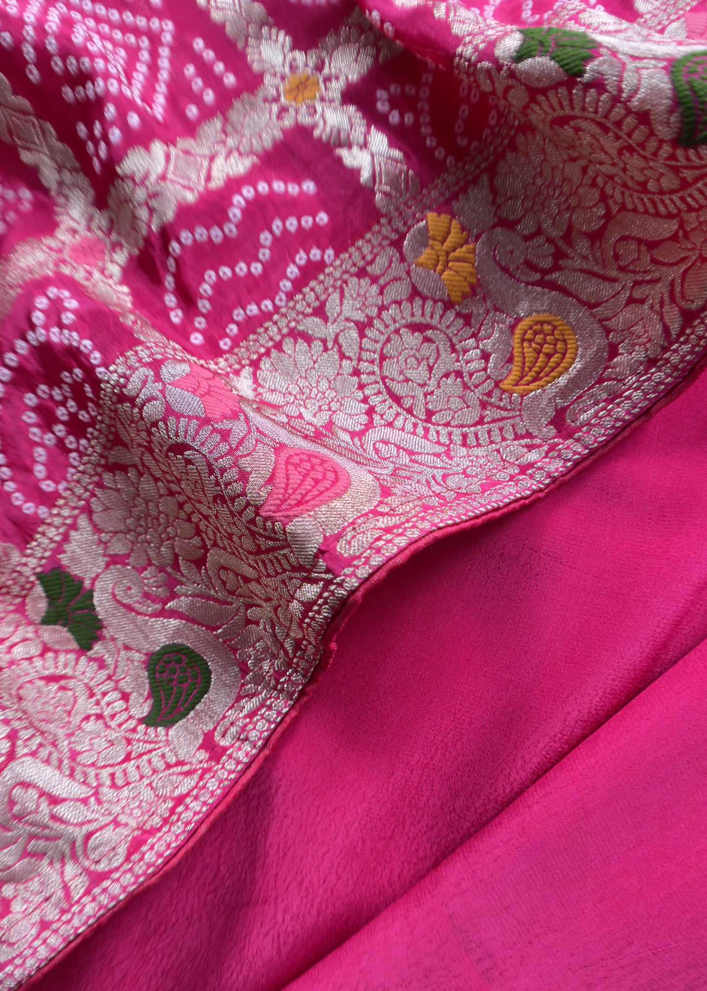 Pink Crepe Unstitched Suit With Banarasi Bandhej Dupatta