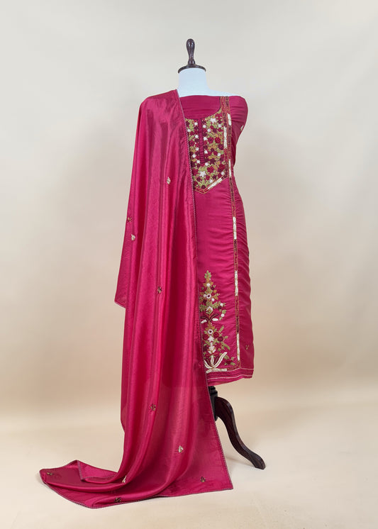 Red Satin Silk Suit Fabric With French knot And Kantha Stitch Hand Embroidery