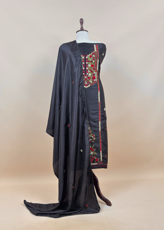 Black Satin Silk Suit Fabric With French Knot And Kantha Stitch Hand Embroidery