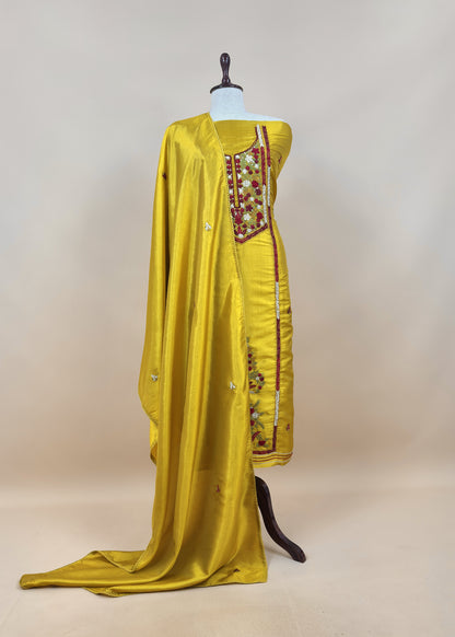 Yellow Satin Silk Suit Fabric With French knot And Kantha Stitch Hand Embroidery