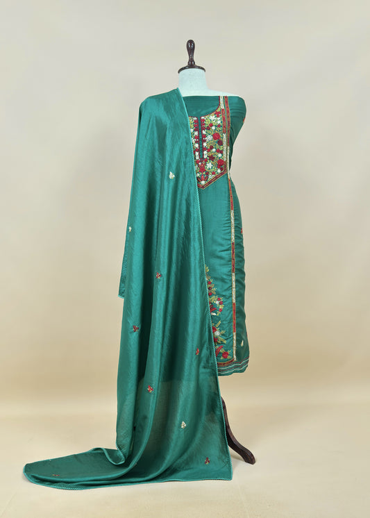 Emerald Green Satin Silk Suit Fabric With French knot And Kantha Stitch Hand Embroidery
