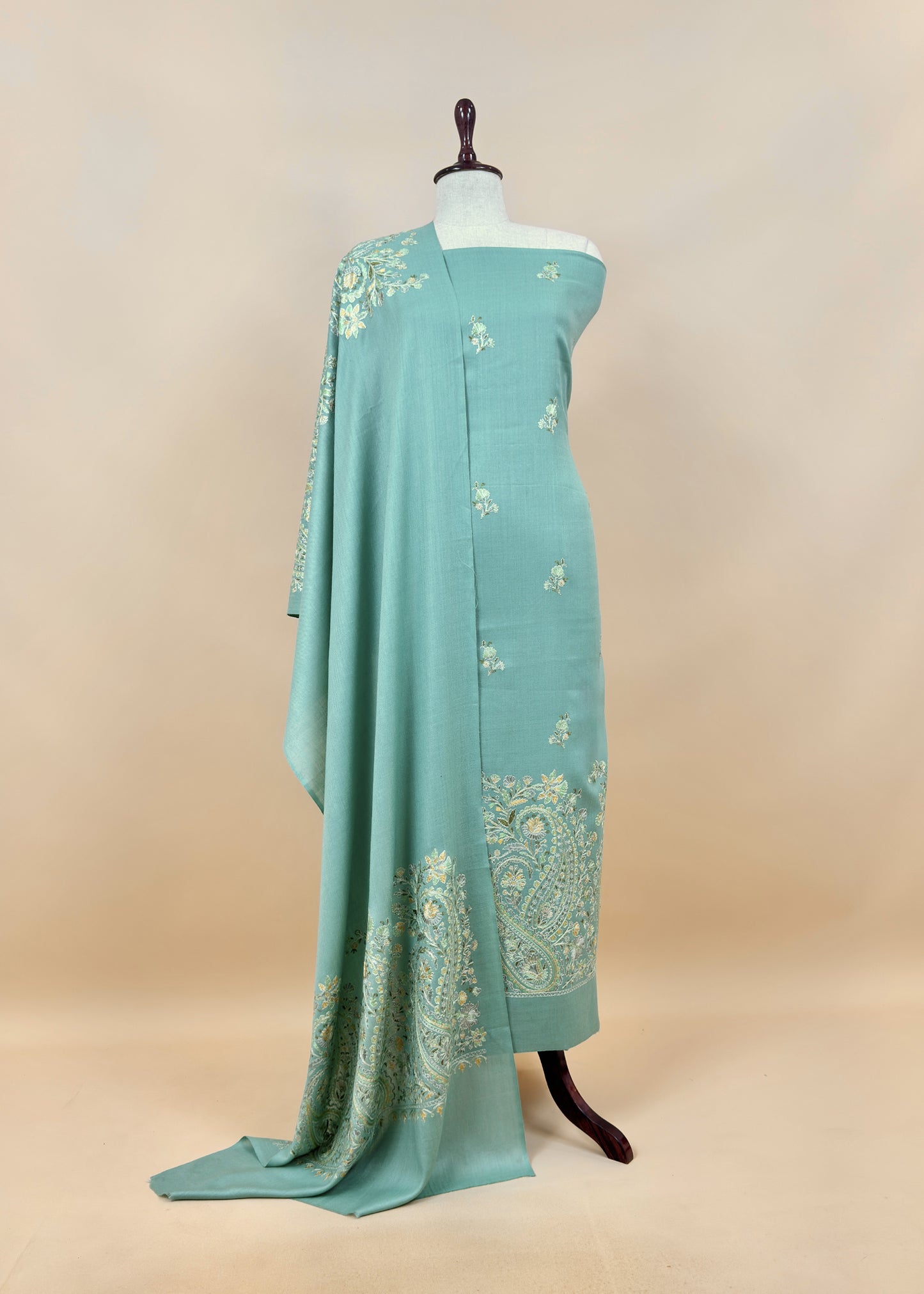 Turquoise Unstitched Woolen Suit With Aari Embroidery work
