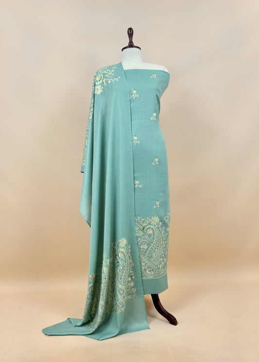 Turquoise Unstitched Woolen Suit With Aari Embroidery work