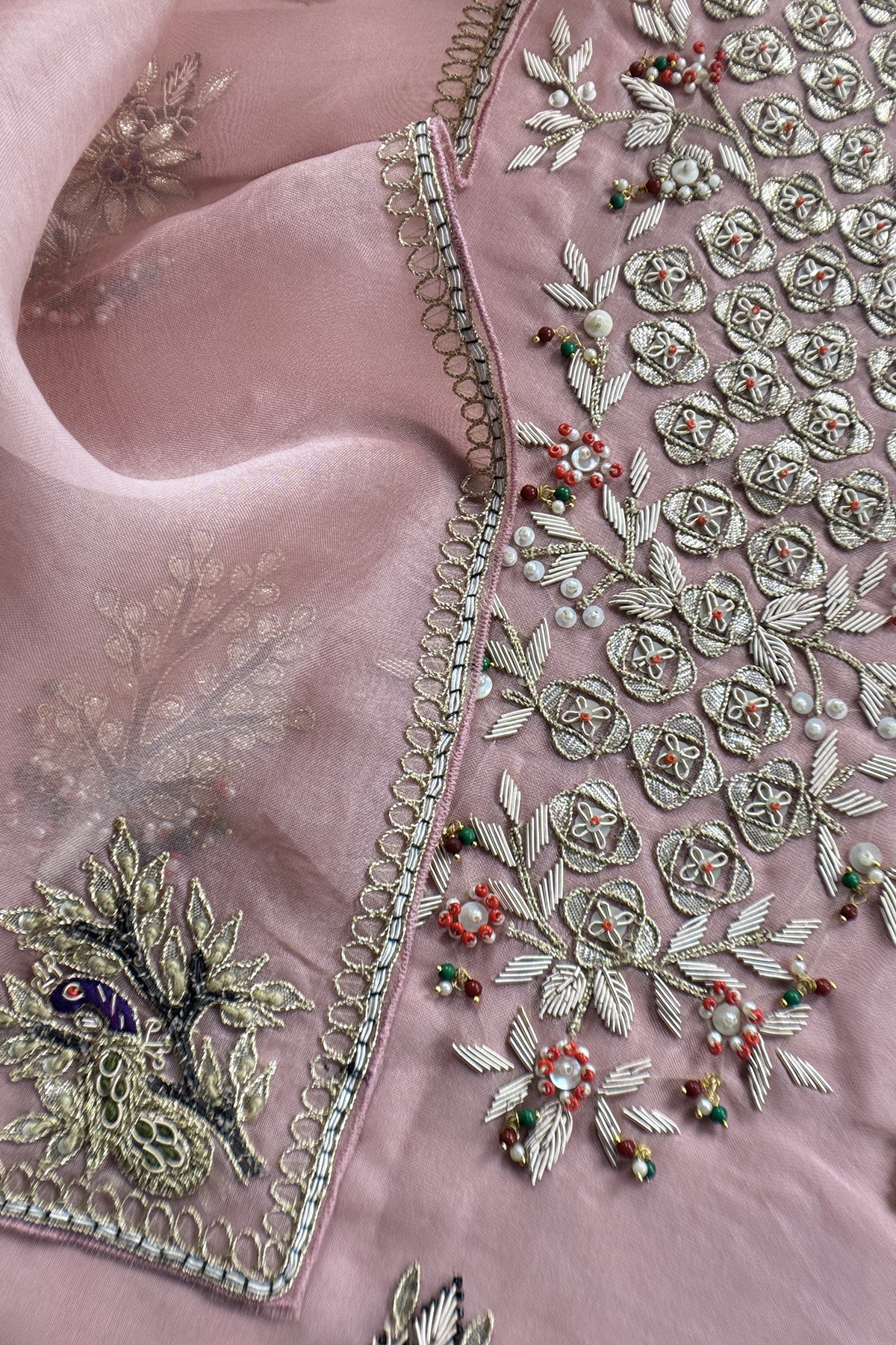 Pink Champagne Handloom Kora silk Unstitched Suit with Dori and Gota Patti hand work
