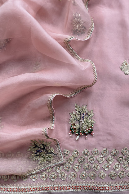 Pink Champagne Handloom Kora silk Unstitched Suit with Dori and Gota Patti hand work