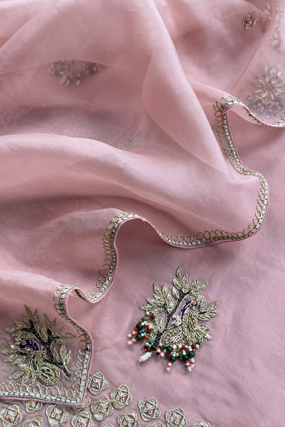 Pink Champagne Handloom Kora silk Unstitched Suit with Dori and Gota Patti hand work