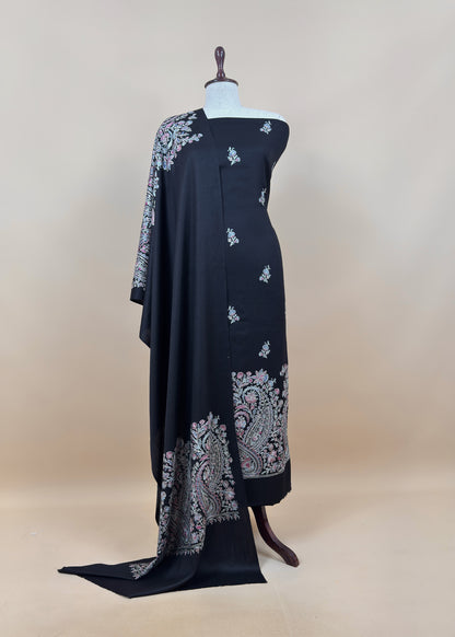 Turquoise Unstitched Woolen Suit With Aari Embroidery work