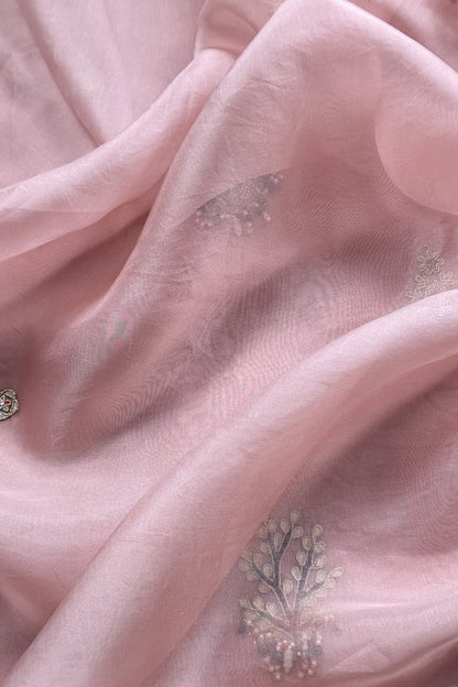 Pink Champagne Handloom Kora silk Unstitched Suit with Dori and Gota Patti hand work