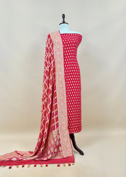Red Luxe Handloom Khaddi Georgette Bandhani Suit Fabric With Handwork