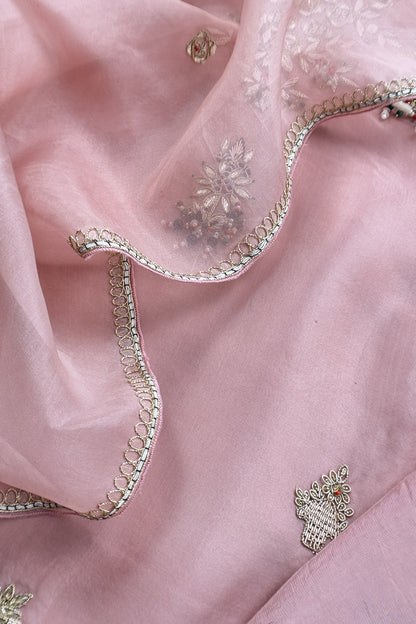 Pink Champagne Handloom Kora silk Unstitched Suit with Dori and Gota Patti hand work