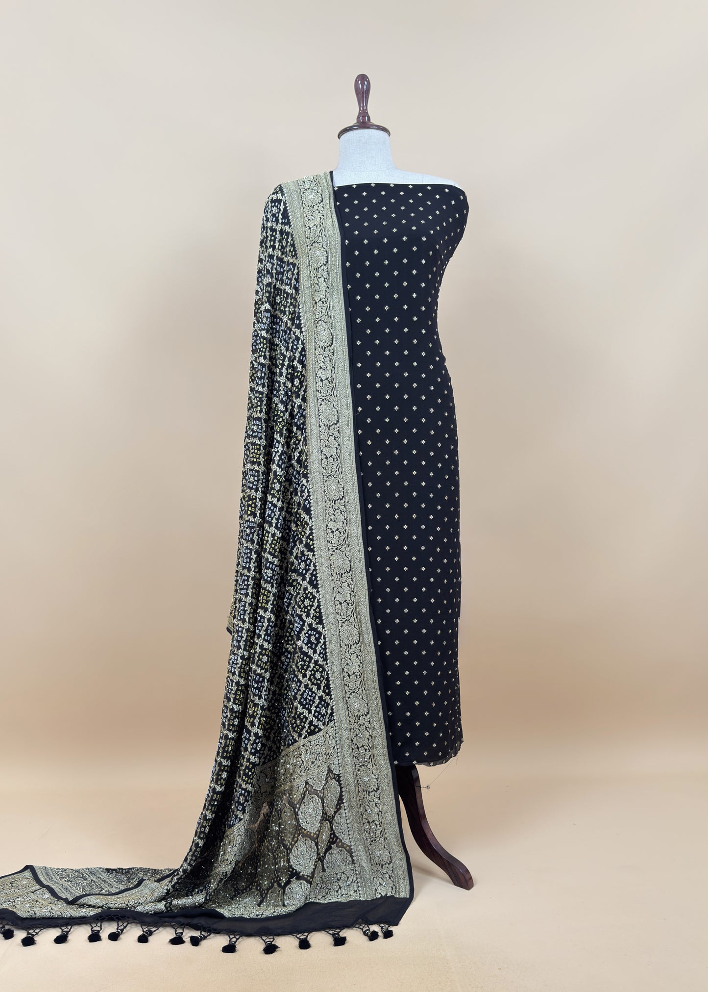 Surkh Black Luxe Handloom Khaddi Georgette Bandhani Suit Fabric With Handwork