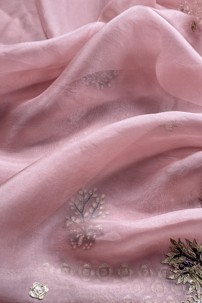 Pink Champagne Handloom Kora silk Unstitched Suit with Dori and Gota Patti hand work