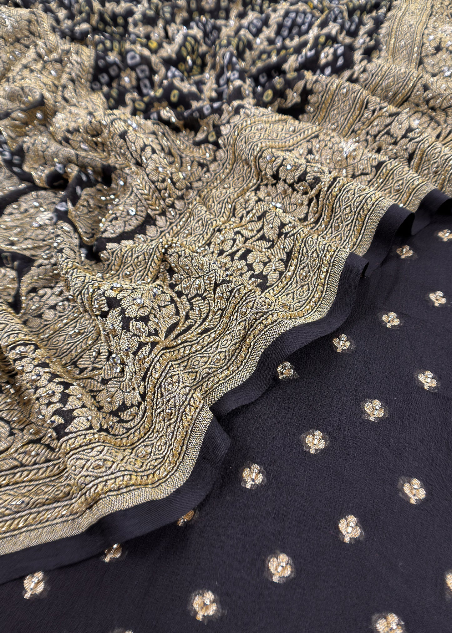 Surkh Black Luxe Handloom Khaddi Georgette Bandhani Suit Fabric With Handwork