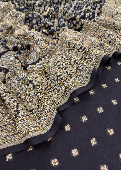 Surkh Black Luxe Handloom Khaddi Georgette Bandhani Suit Fabric With Handwork