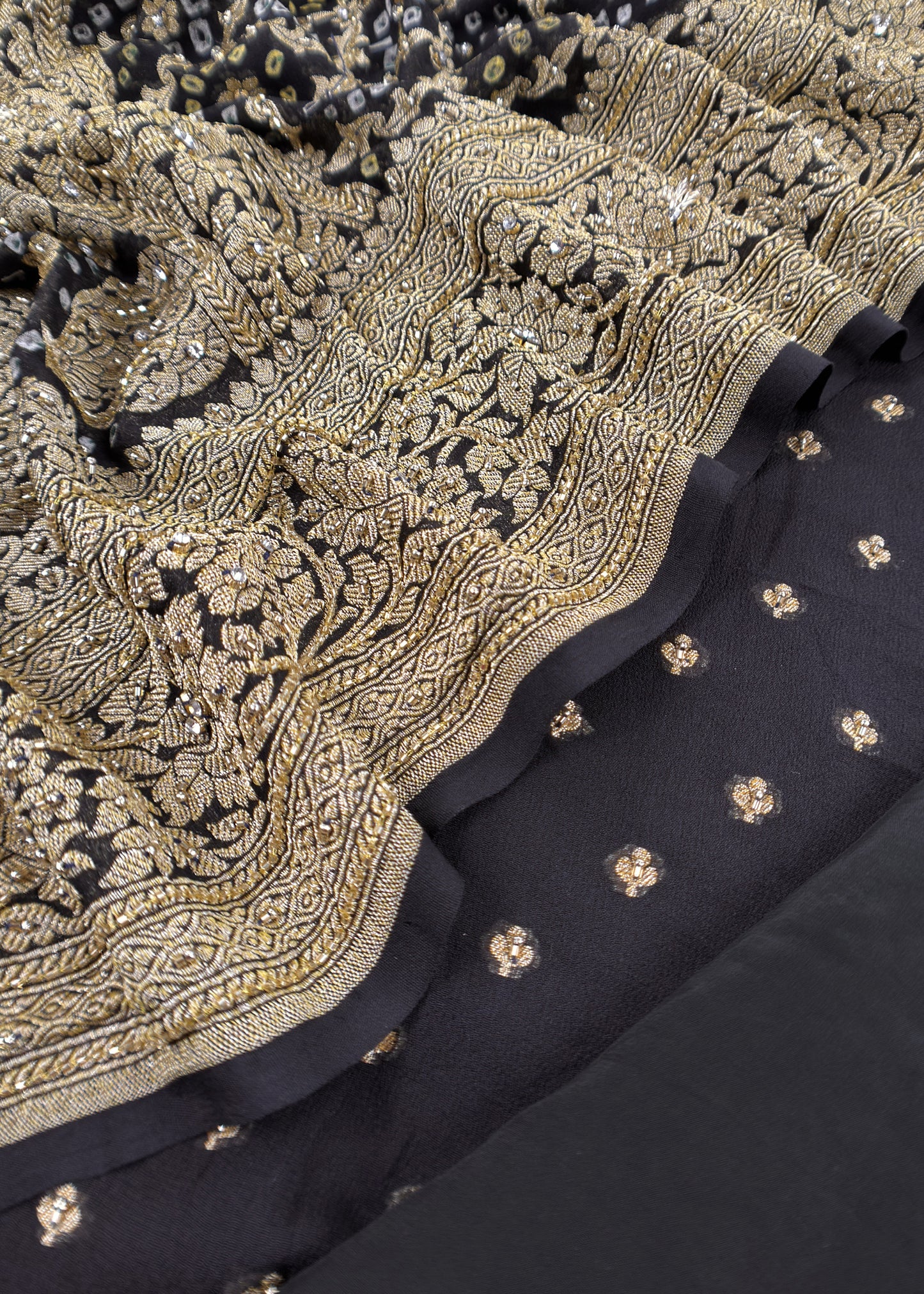 Surkh Black Luxe Handloom Khaddi Georgette Bandhani Suit Fabric With Handwork