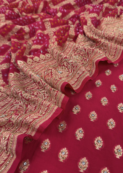 Red Luxe Handloom Khaddi Georgette Bandhani Suit Fabric With Handwork