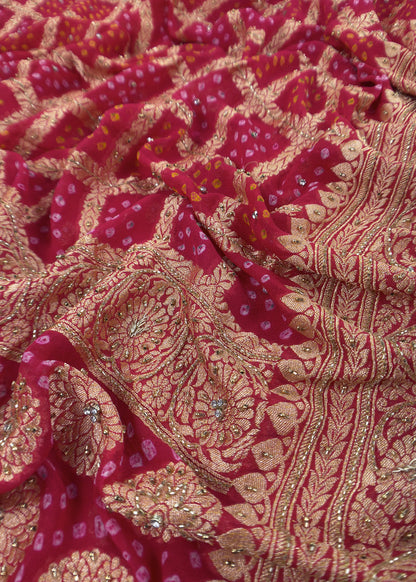 Red Luxe Handloom Khaddi Georgette Bandhani Suit Fabric With Handwork