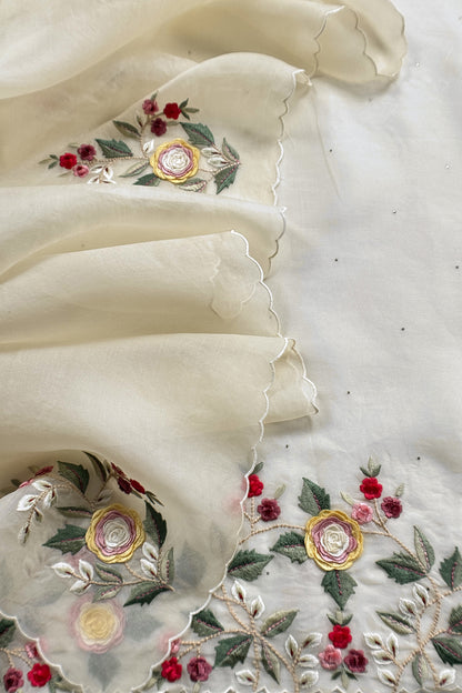Ivory Pure Organza Unstitched Suit fabric with Parsi embroidery and 3d Appliqué work