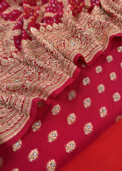 Red Luxe Handloom Khaddi Georgette Bandhani Suit Fabric With Handwork