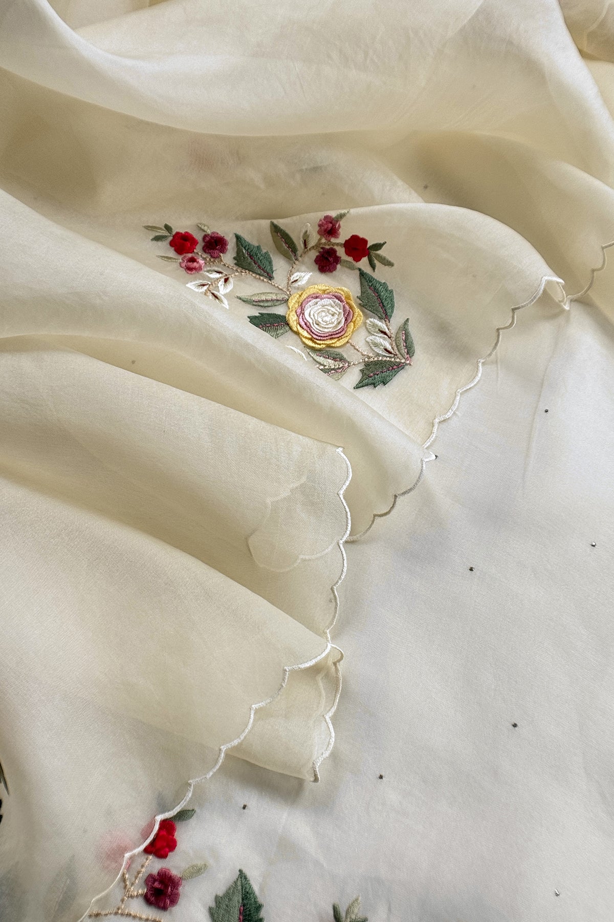 Ivory Pure Organza Unstitched Suit fabric with Parsi embroidery and 3d Appliqué work