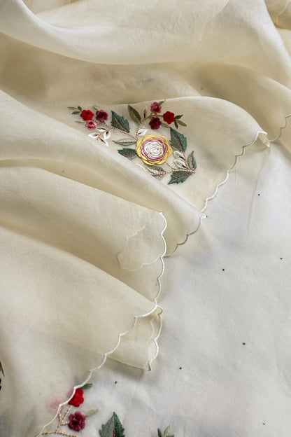 Ivory Pure Organza Unstitched Suit fabric with Parsi embroidery and 3d Appliqué work