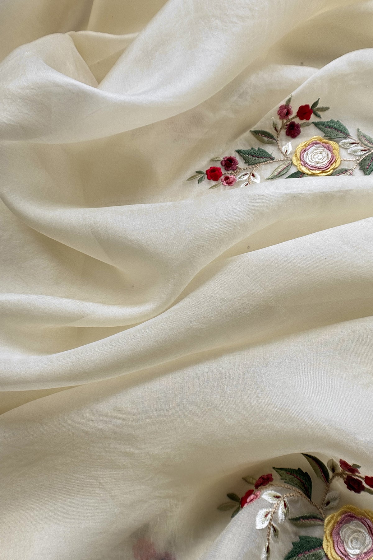 Ivory Pure Organza Unstitched Suit fabric with Parsi embroidery and 3d Appliqué work