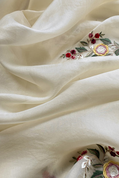 Ivory Pure Organza Unstitched Suit fabric with Parsi embroidery and 3d Appliqué work