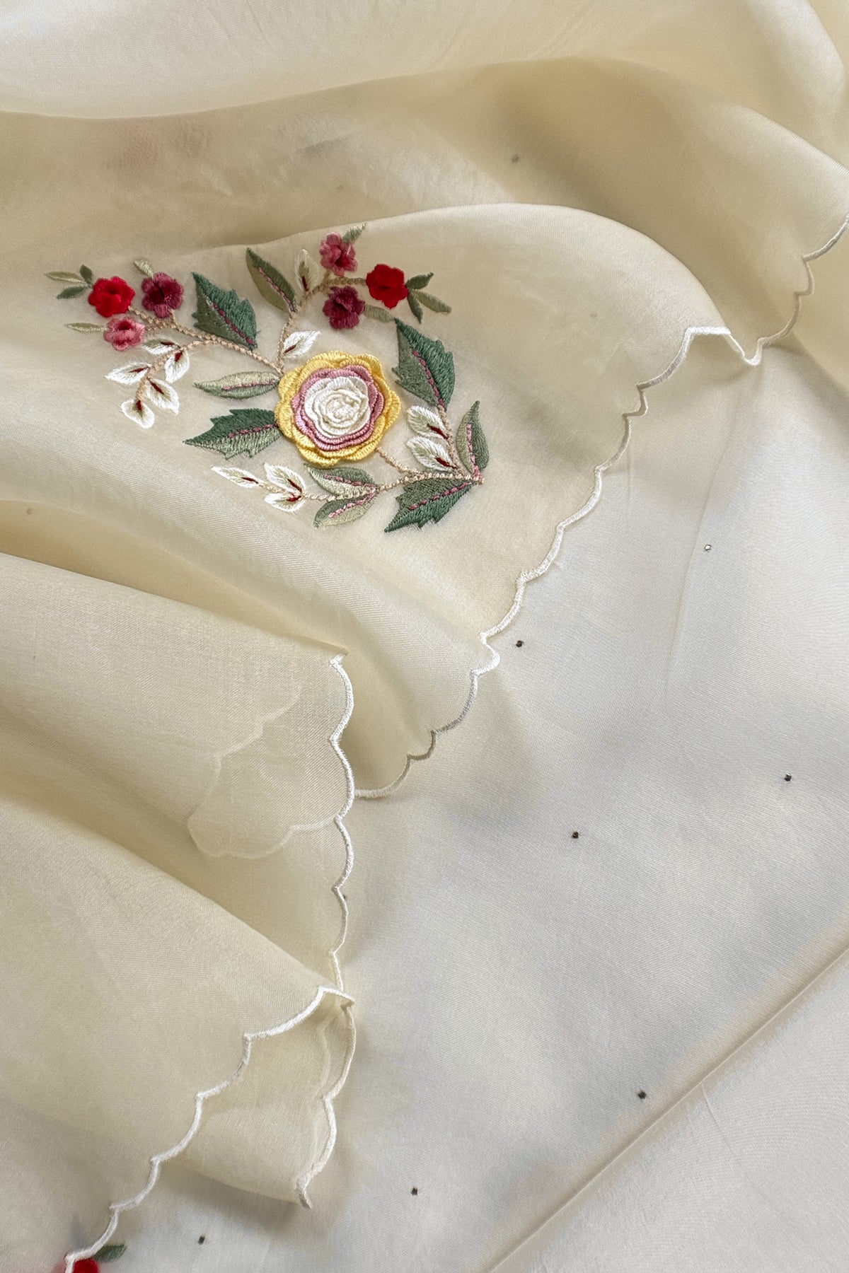 Ivory Pure Organza Unstitched Suit fabric with Parsi embroidery and 3d Appliqué work
