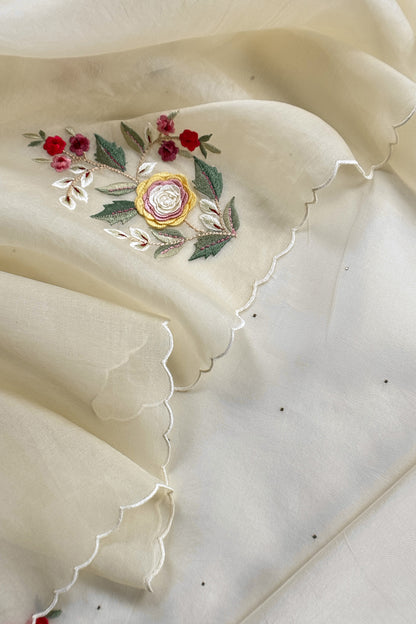 Ivory Pure Organza Unstitched Suit fabric with Parsi embroidery and 3d Appliqué work