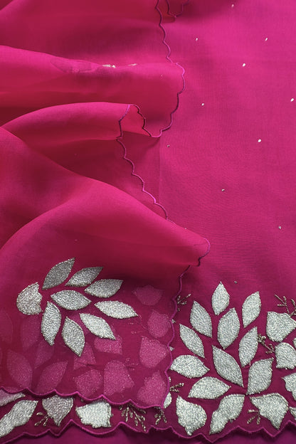 Rani Pink Premium Kora Silk Suit With Gota Patti Applique Work
