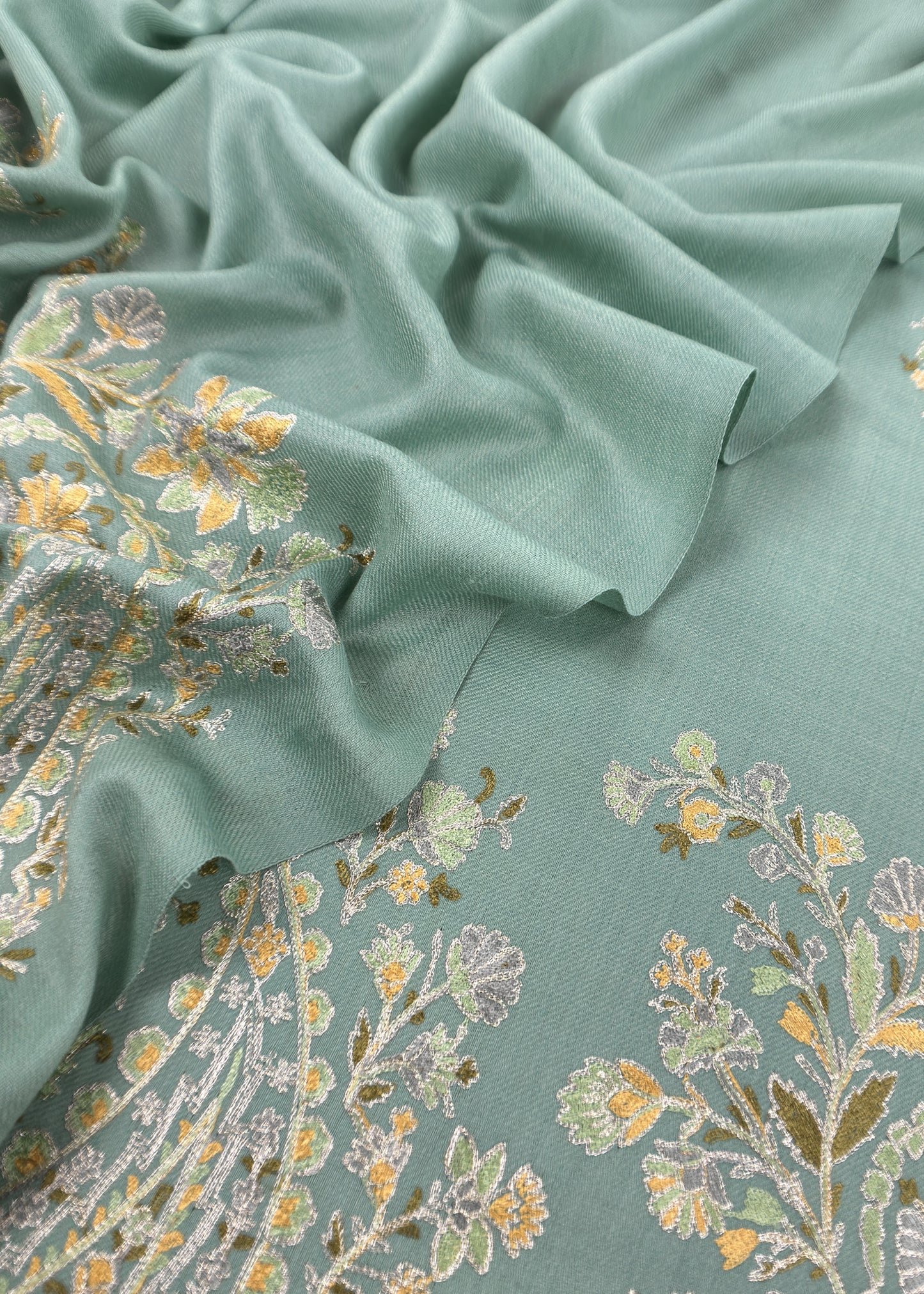 Turquoise Unstitched Woolen Suit With Aari Embroidery work