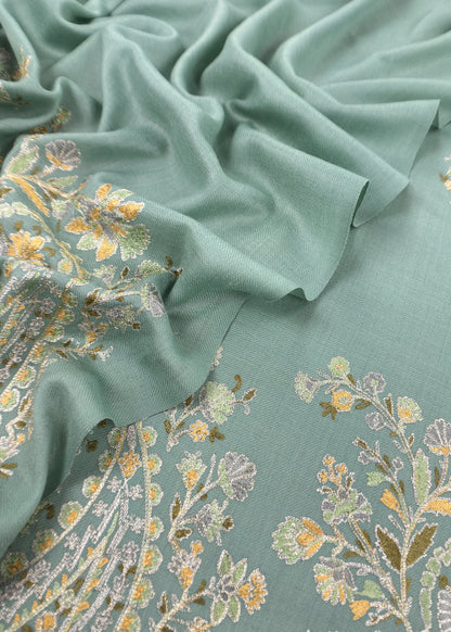 Turquoise Unstitched Woolen Suit With Aari Embroidery work
